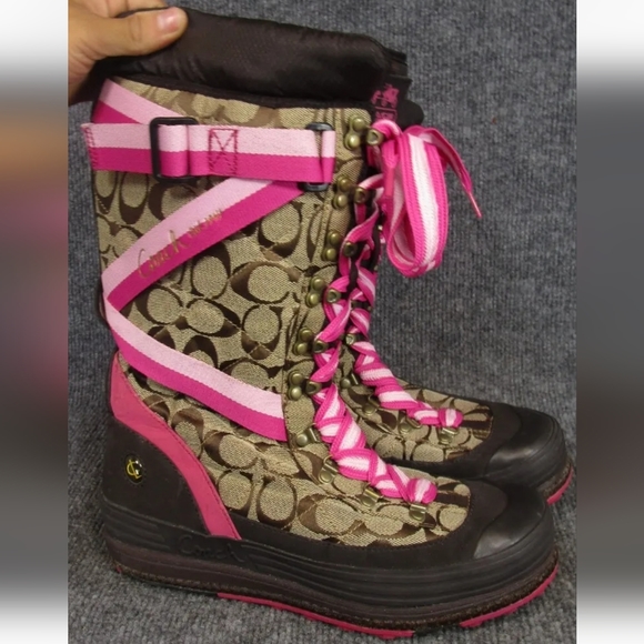 Coach Marian Signature Logo Khaki Rare Pink Trim Lace-Up Mid-Calf Snow Boot 9M - Picture 5 of 16